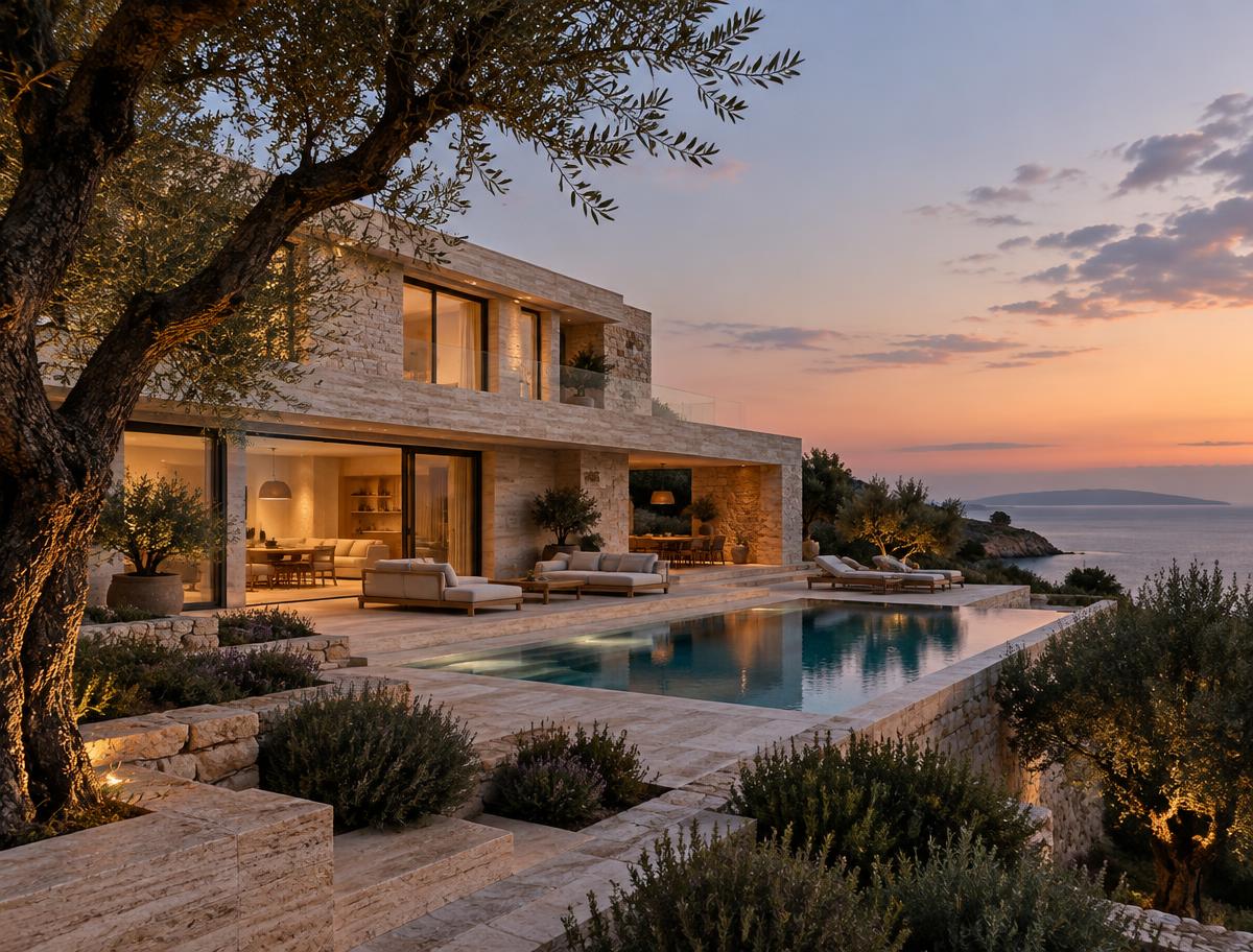 Travertine residence framed by olive trees on the Mediterranean coast
