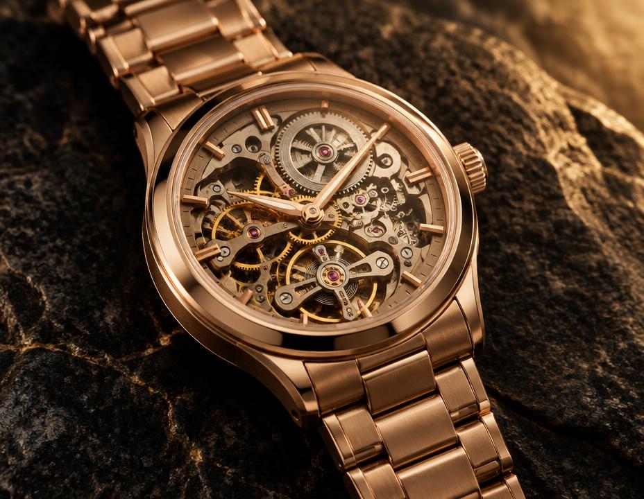 Fine mechanical wristwatch with a rose-gold case on dark stone