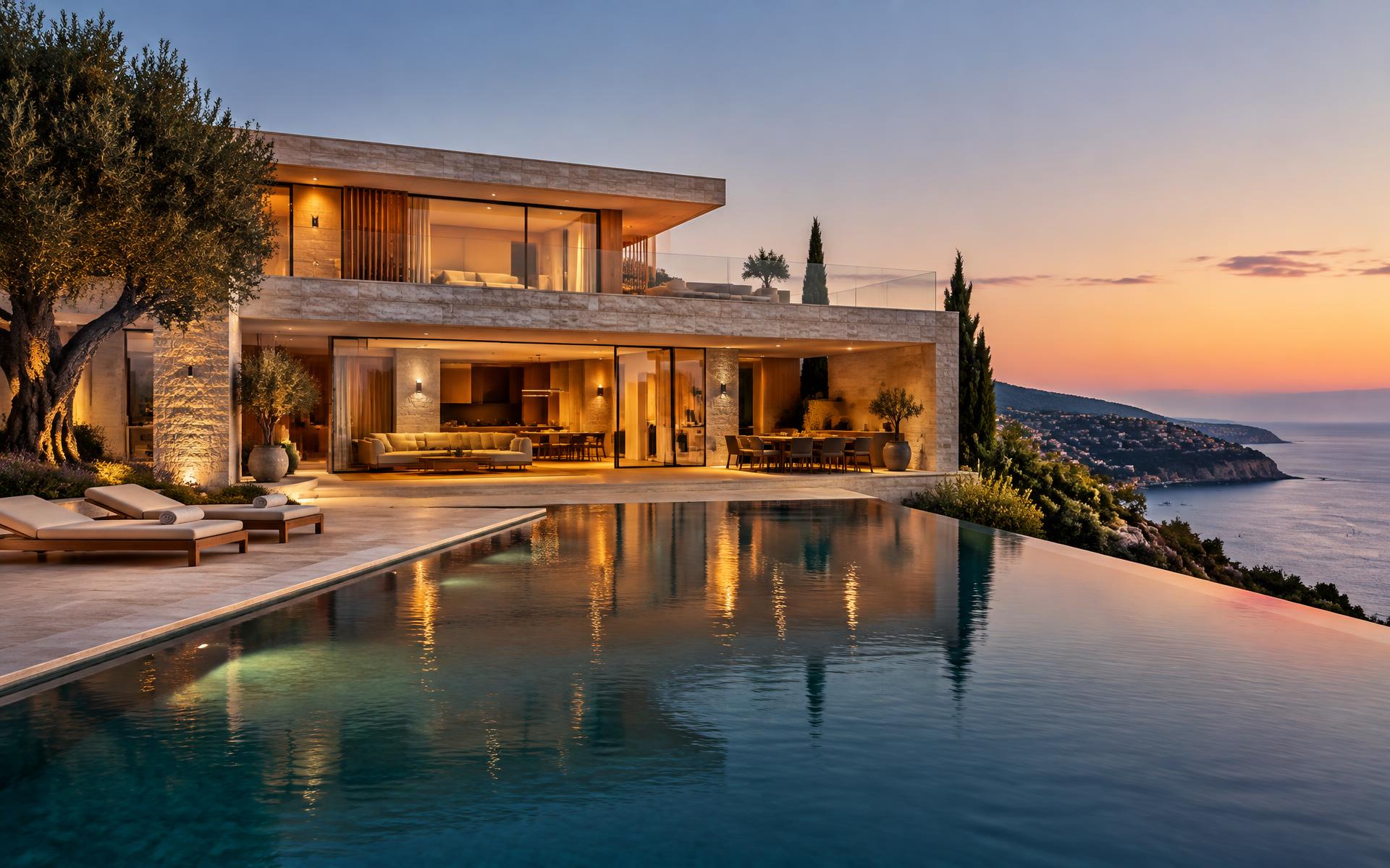 Villa mediterranea contemporanea con vista sul mare al tramonto